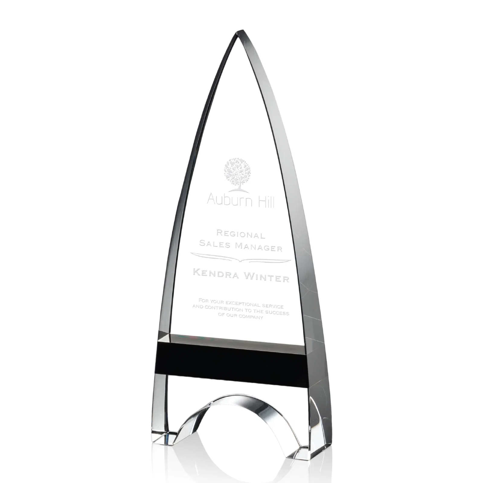 Custom Optical Crystal Arrowhead Award with an Inlaid Sapphire Accent for graduation ceremonies
