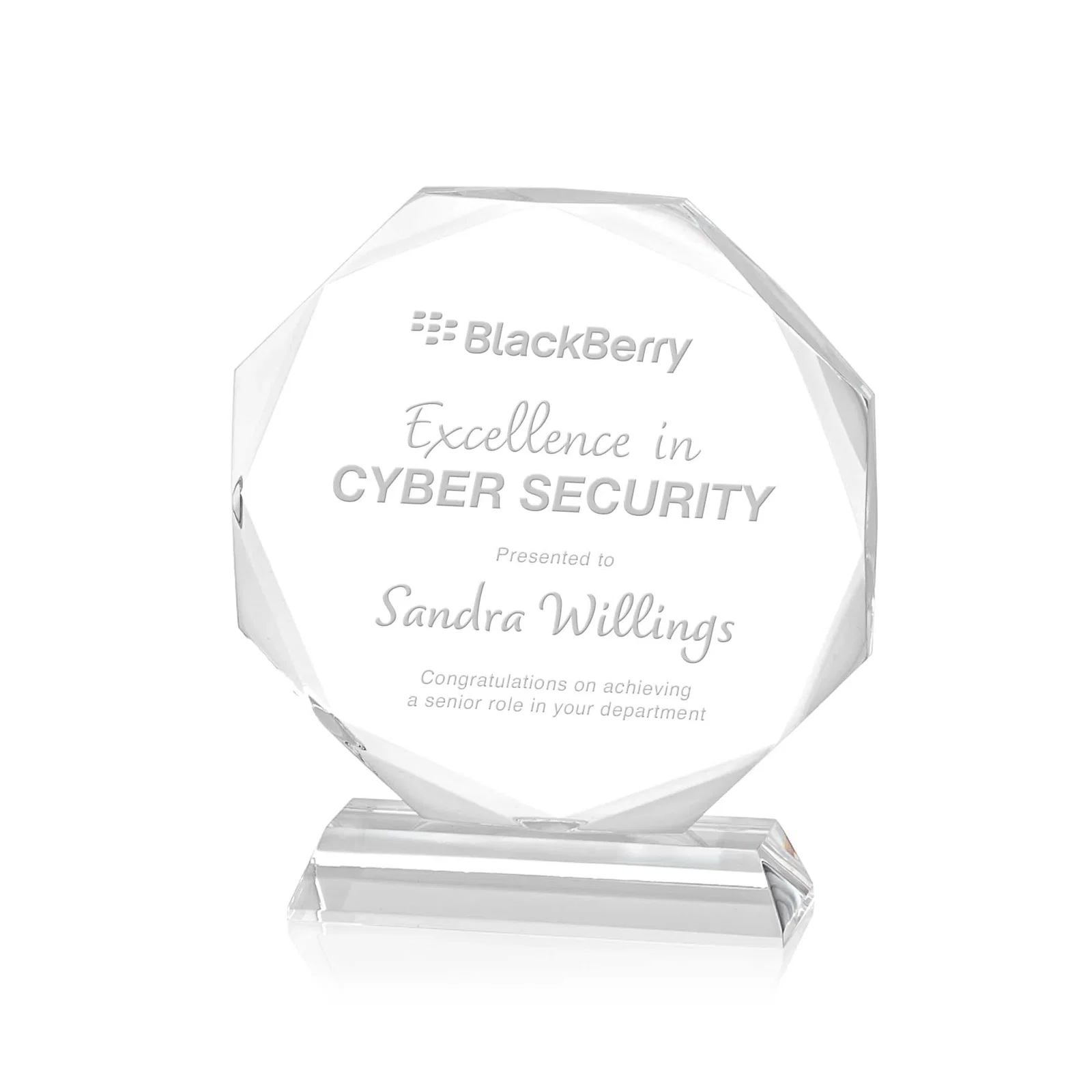 Custom Acrylic Octagon Award with Double-Sided Bevels for service anniversary gifts