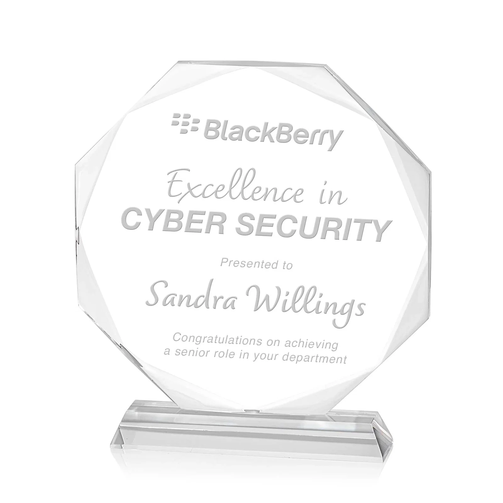 Custom Acrylic Octagon Award with Double-Sided Bevels for retirement presentations
