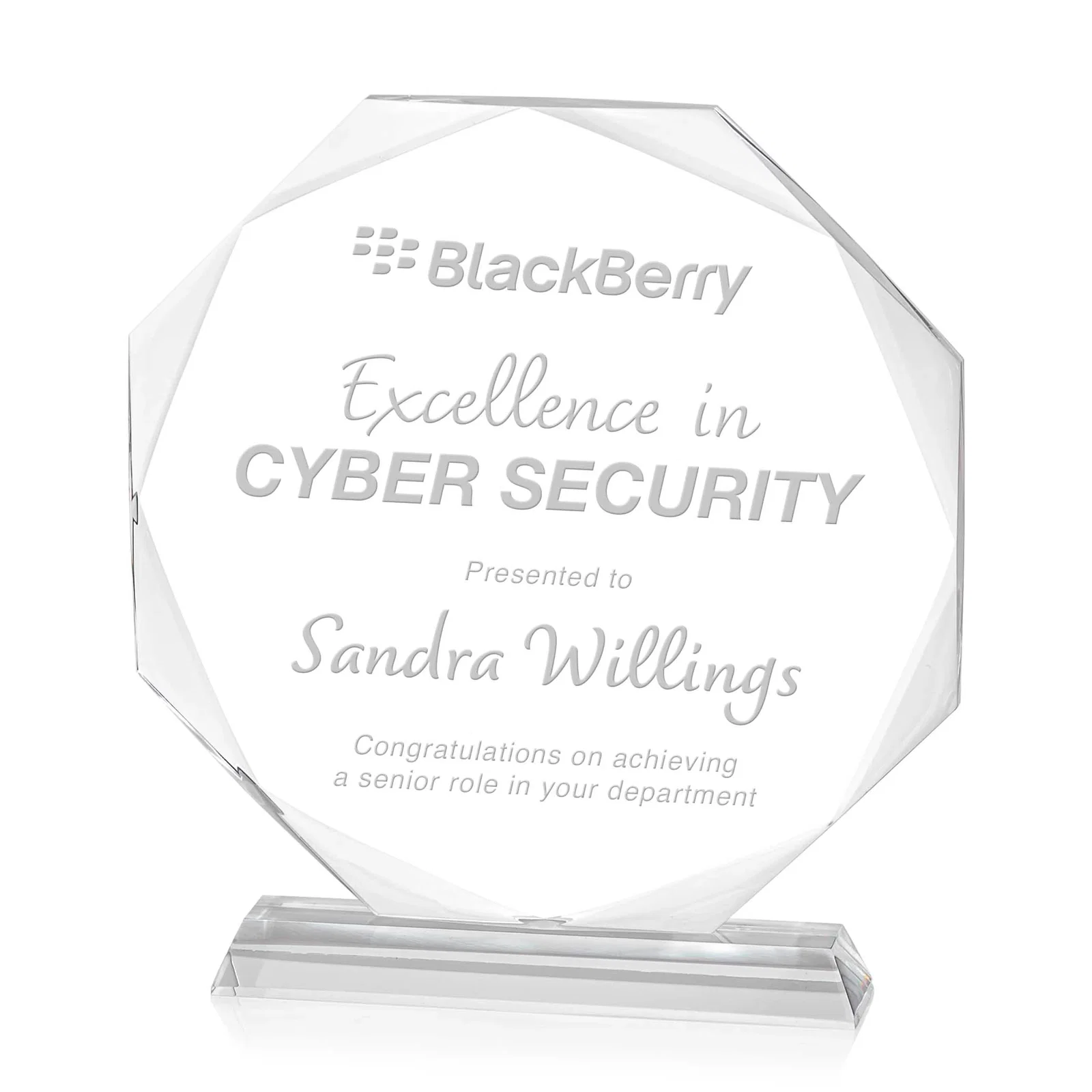 Custom Acrylic Octagon Award with Double-Sided Bevels for team milestone celebrations