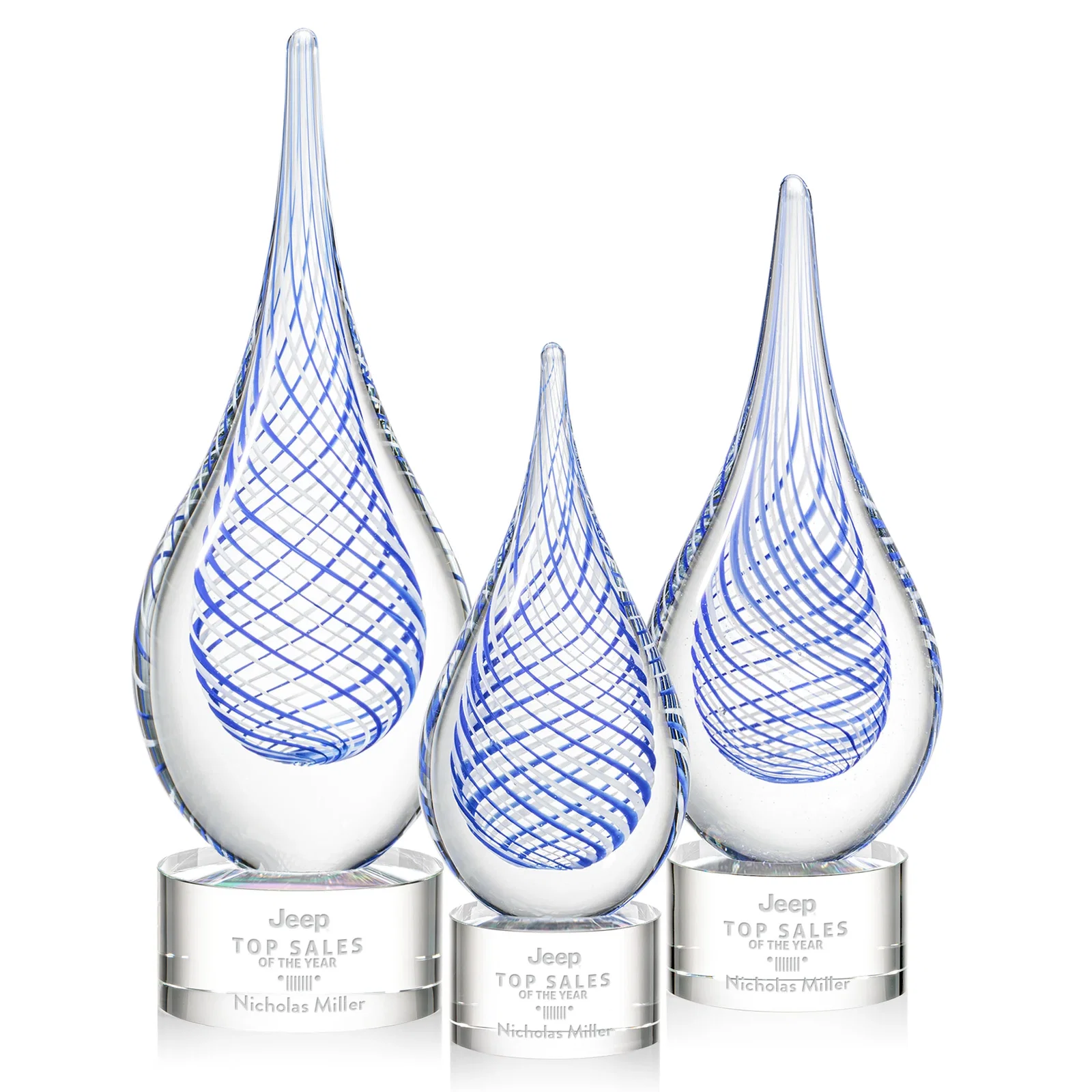 Custom Clear Glass Teardrop Award With a Blue Accent for employee recognition