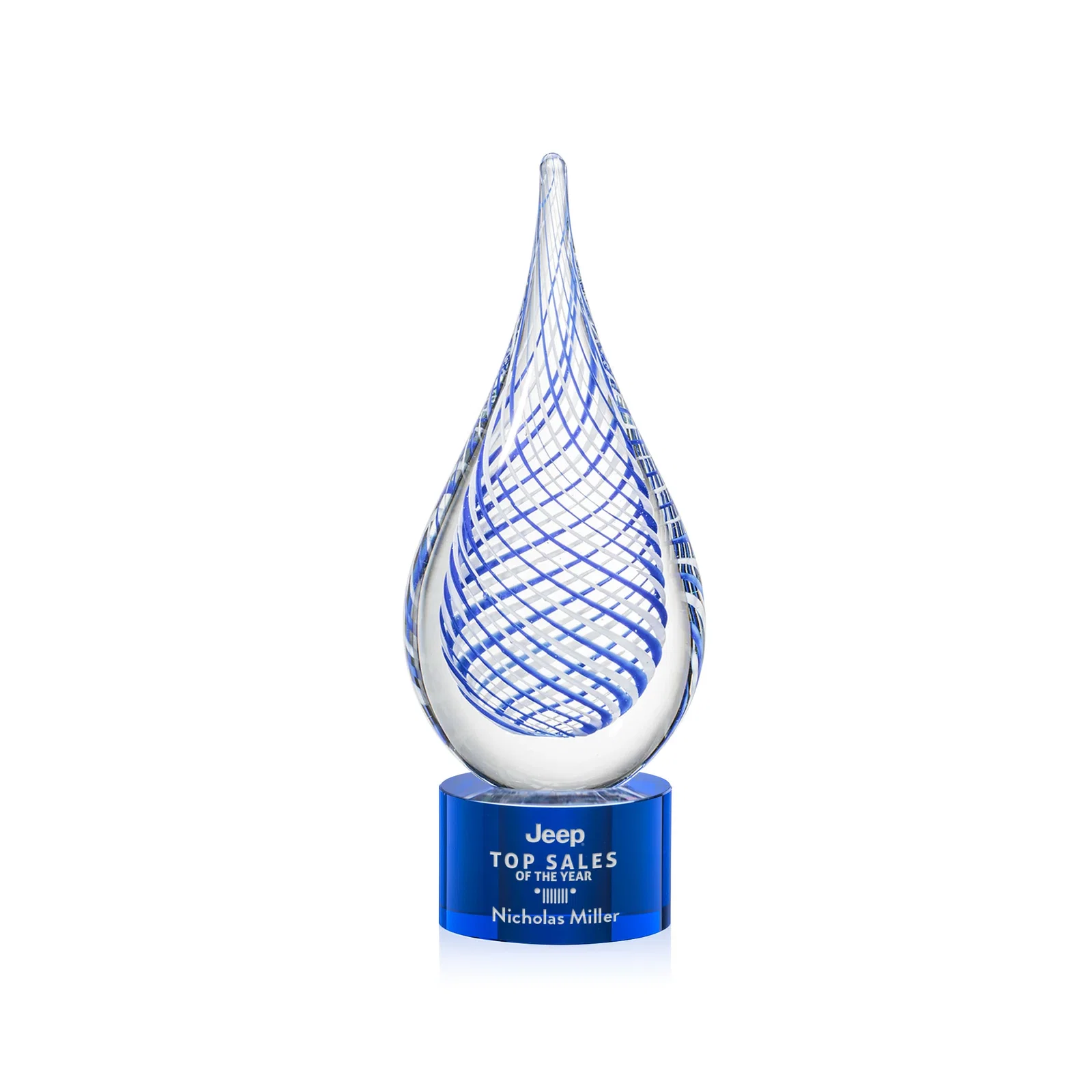 Custom Clear Glass Teardrop Award With a Blue Accent for volunteer appreciation