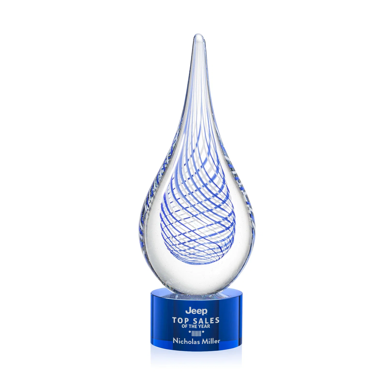 Custom Clear Glass Teardrop Award With a Blue Accent for dealer and partner awards