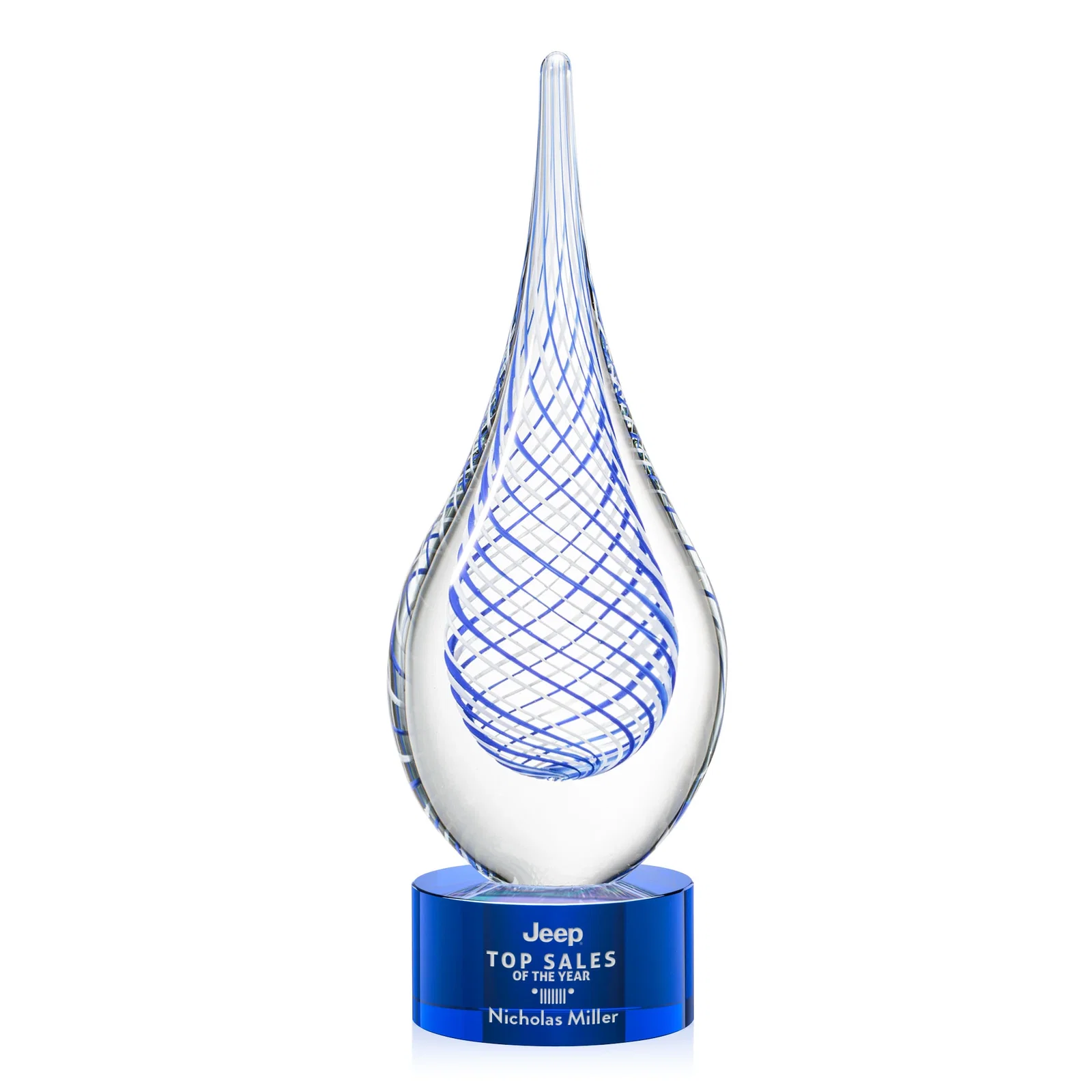 Custom Clear Glass Teardrop Award With a Blue Accent for company anniversary events