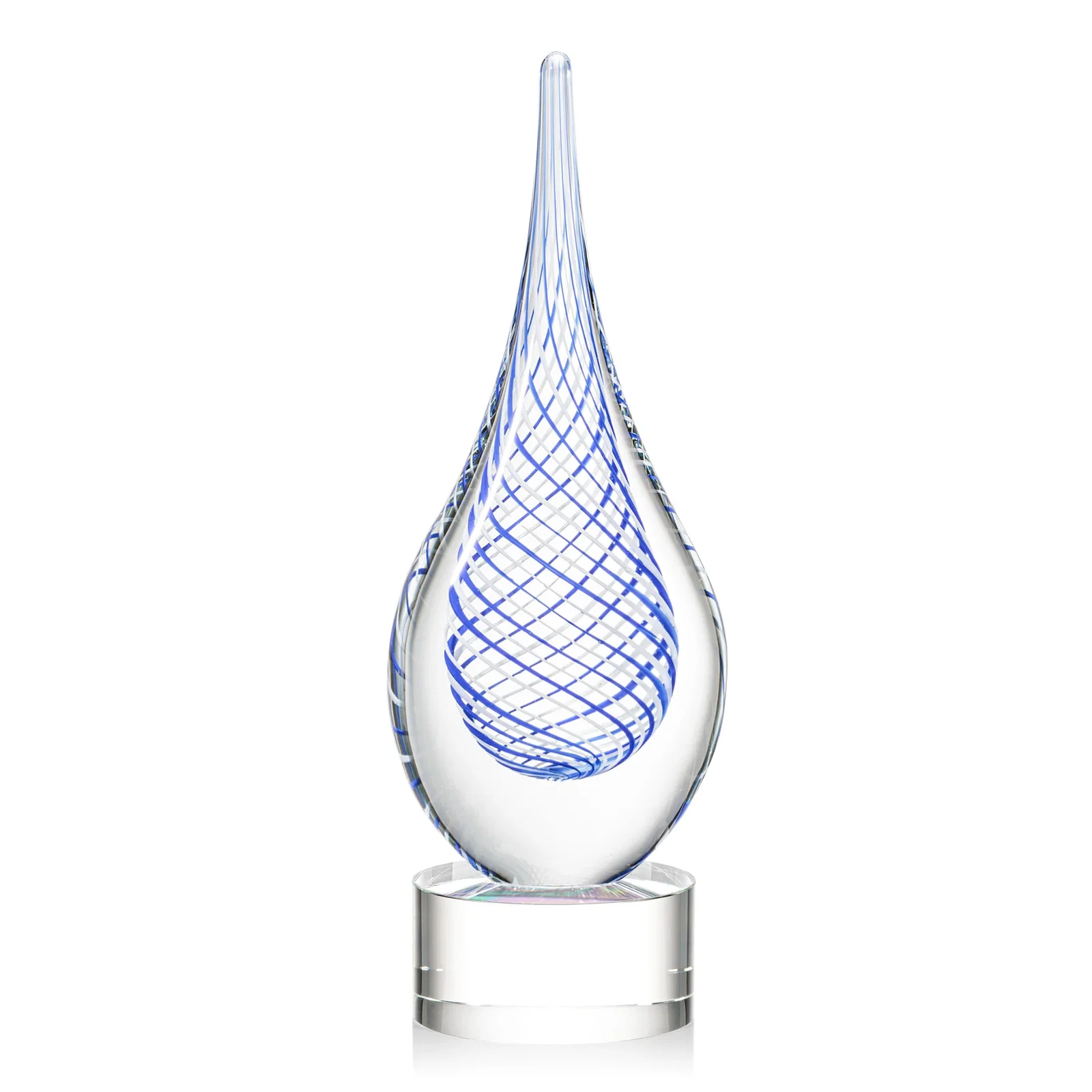 Personalized Clear Glass Teardrop Award With a Blue Accent for service anniversary gifts