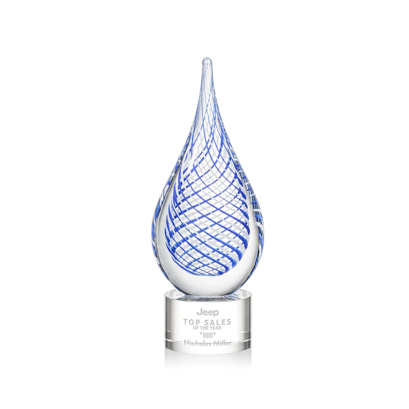 Custom Clear Glass Teardrop Award With a Blue Accent for corporate award ceremonies