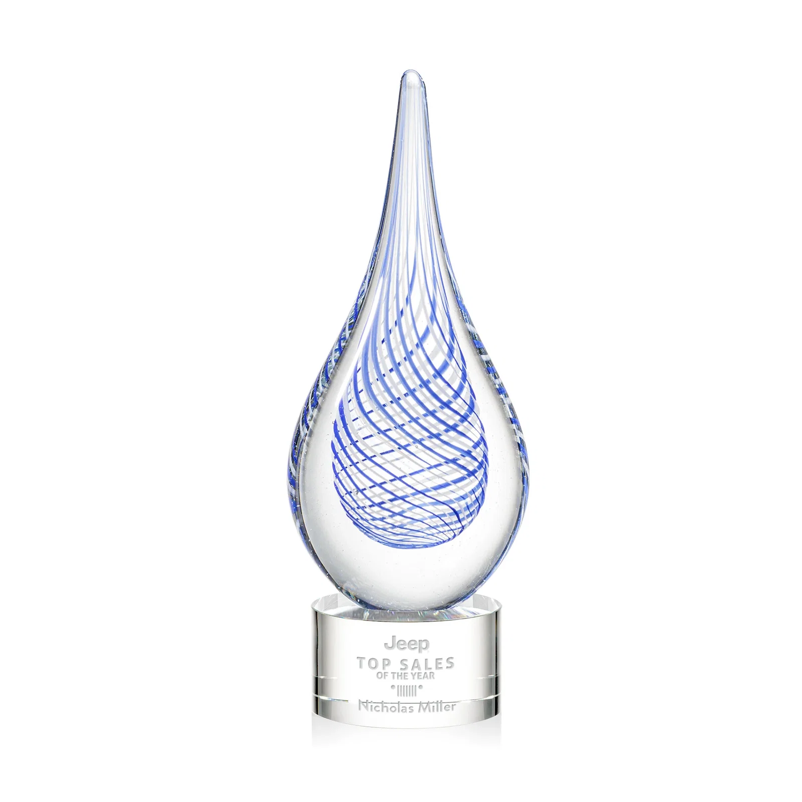 Custom Clear Glass Teardrop Award With a Blue Accent for service anniversary gifts