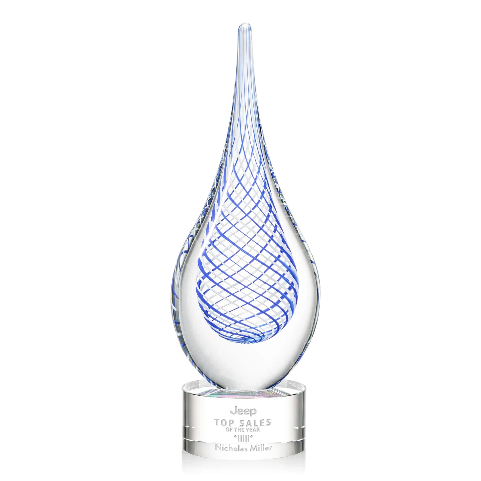 Custom Clear Glass Teardrop Award With a Blue Accent for sales achievement awards