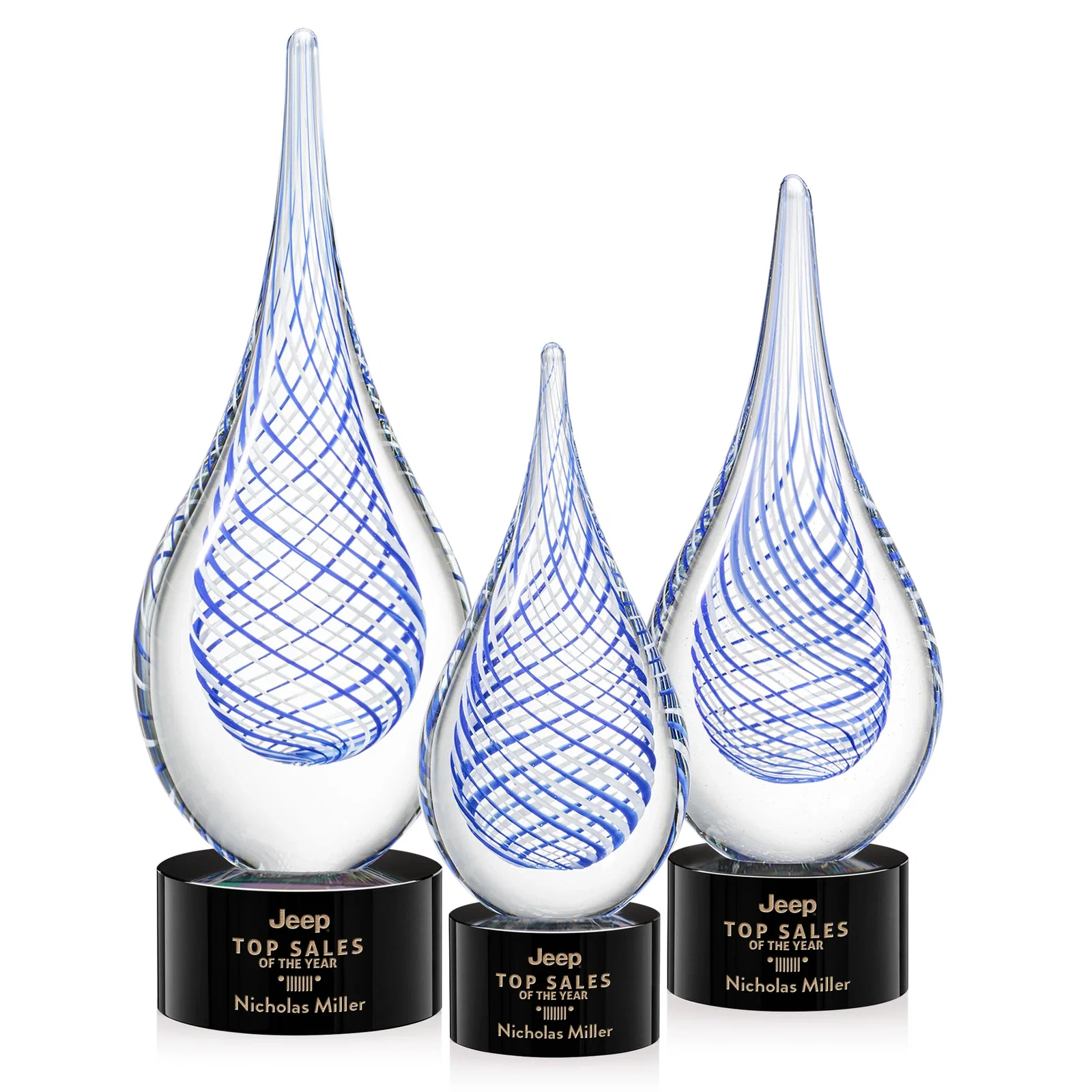 Custom Clear Glass Teardrop Award With a Blue Accent for retirement presentations