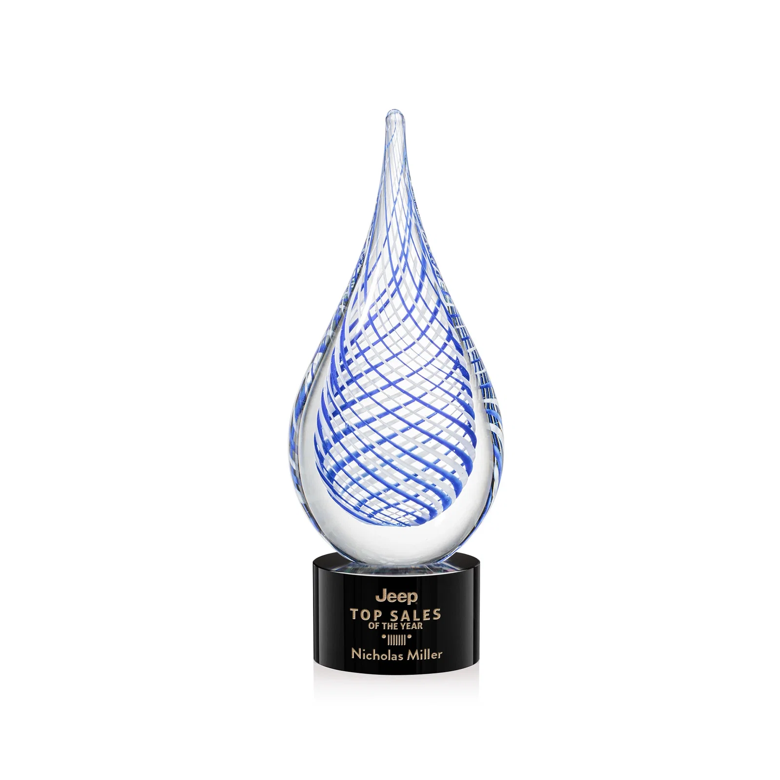 Custom Clear Glass Teardrop Award With a Blue Accent for team milestone celebrations