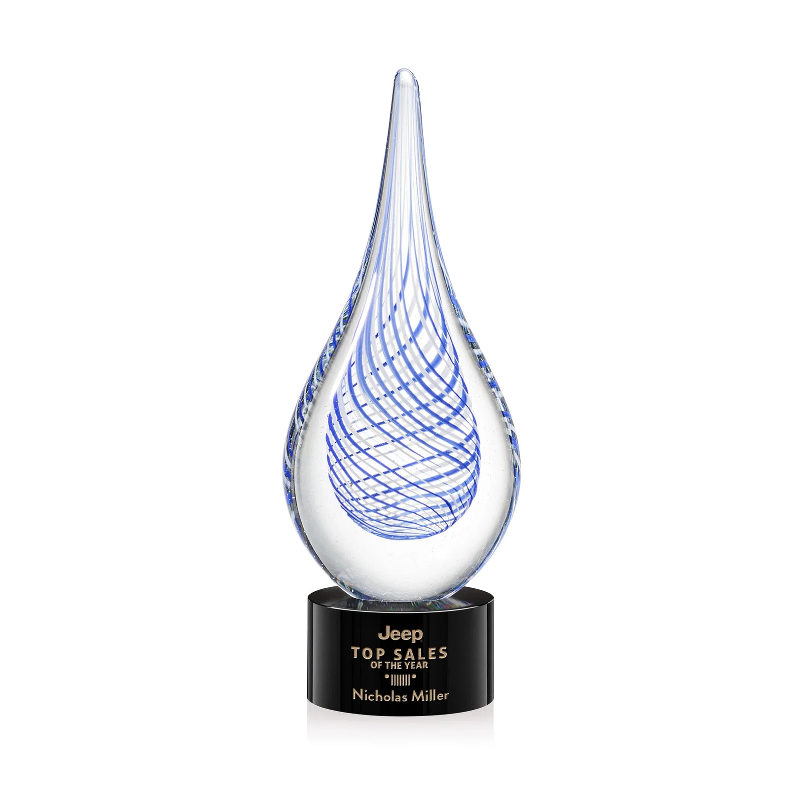 Custom Clear Glass Teardrop Award With a Blue Accent for donor appreciation