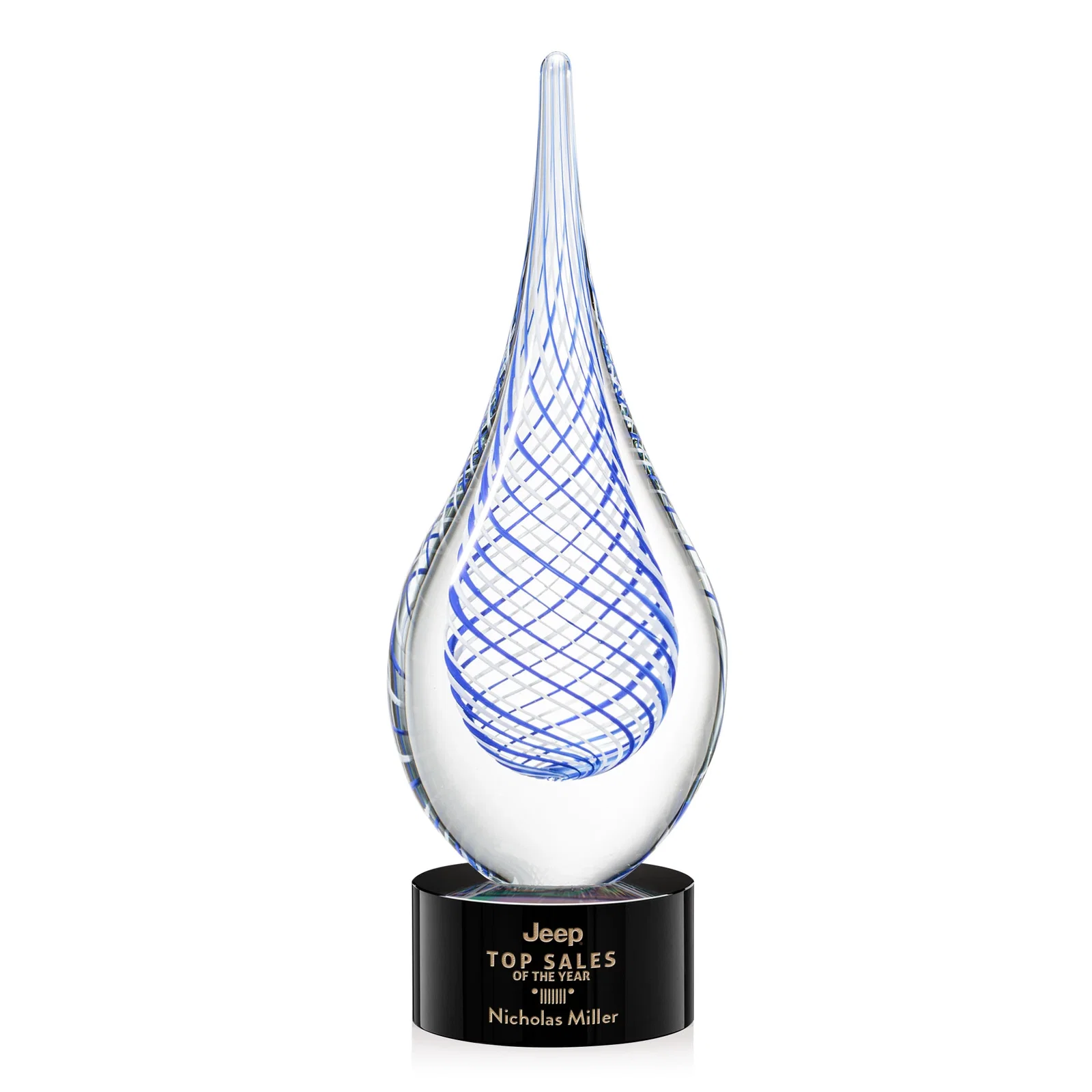 Custom Clear Glass Teardrop Award With a Blue Accent for graduation ceremonies