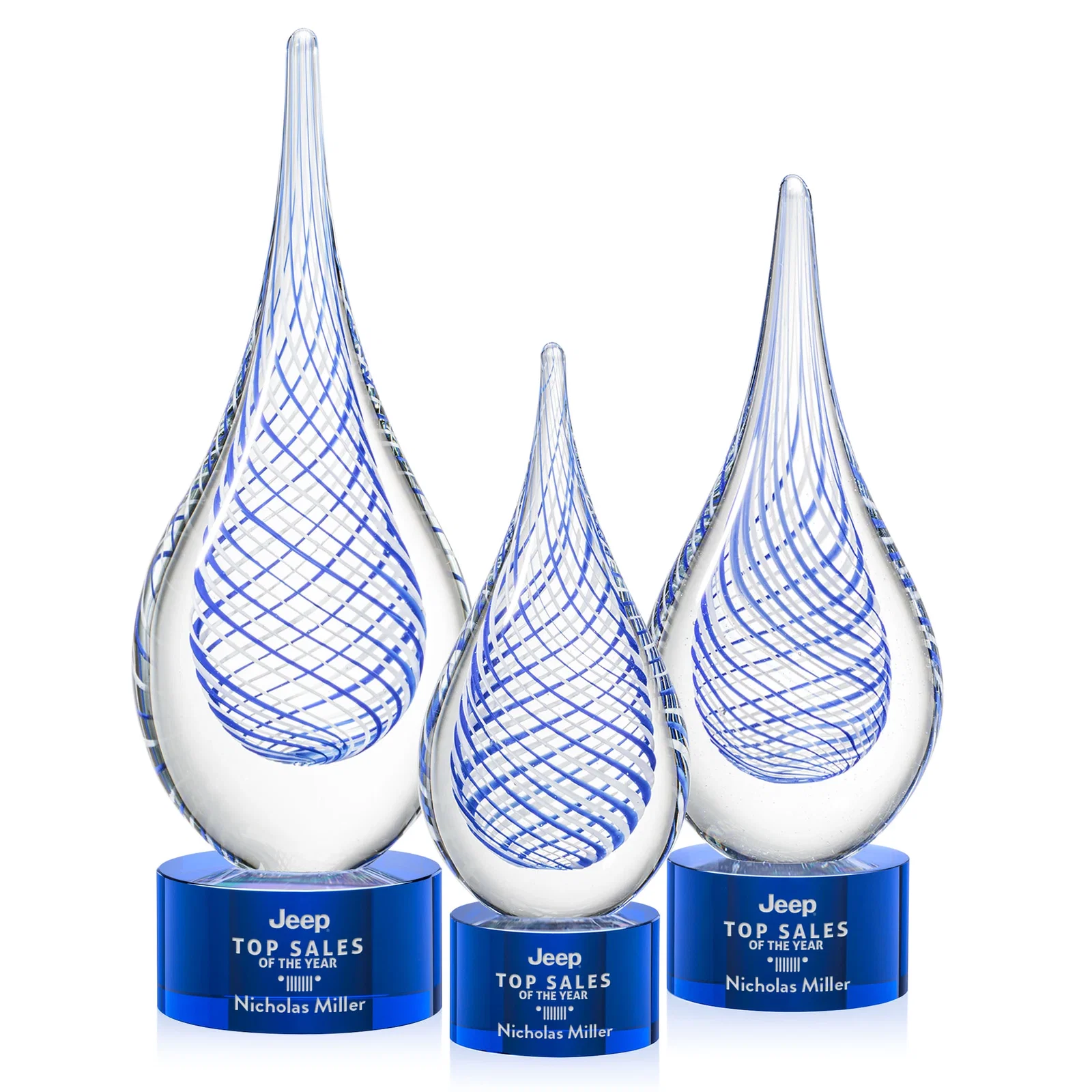Custom Clear Glass Teardrop Award With a Blue Accent for safety achievement programs