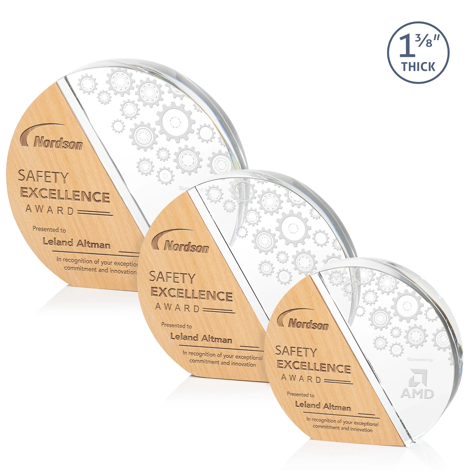 Custom Optical Crystal and Beechwood Circle Award with Diagonal Split for employee recognition