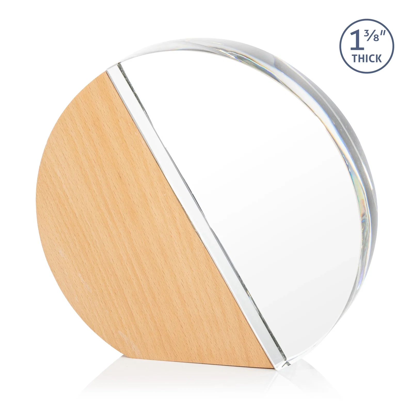Custom Optical Crystal and Beechwood Circle Award with Diagonal Split for company anniversary events