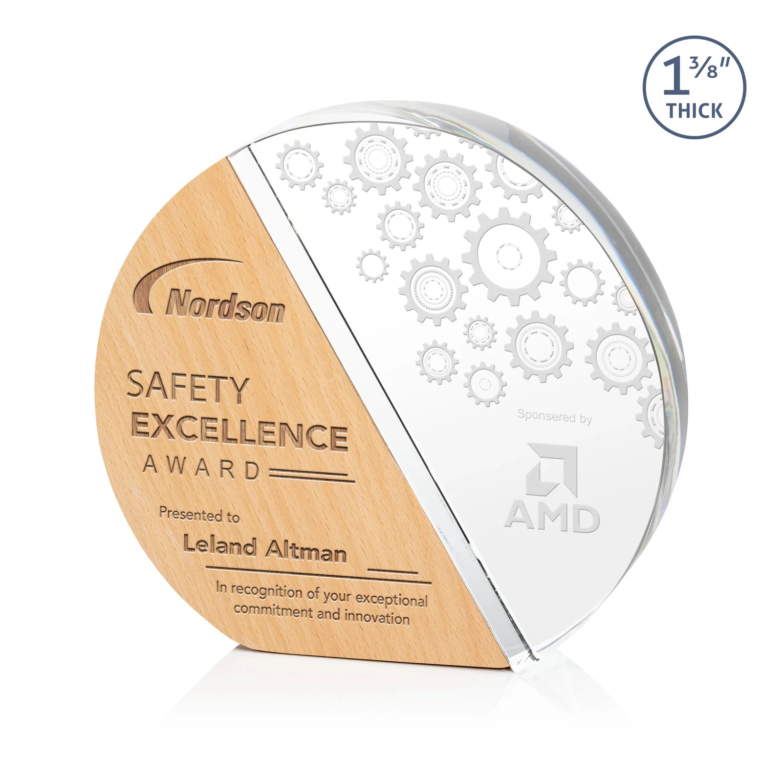 Custom Optical Crystal and Beechwood Circle Award with Diagonal Split for service anniversary gifts