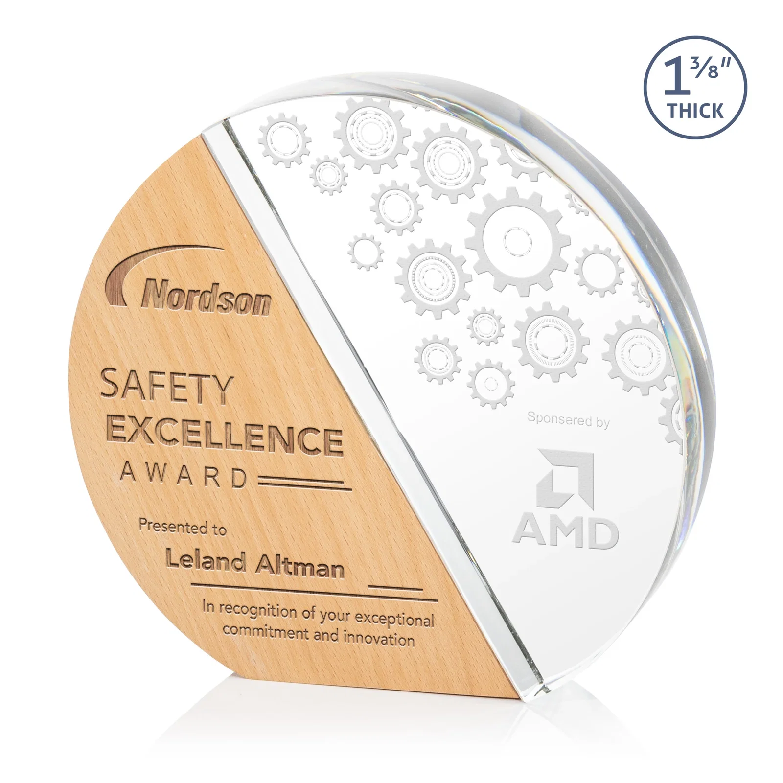 Custom Optical Crystal and Beechwood Circle Award with Diagonal Split for sales achievement awards