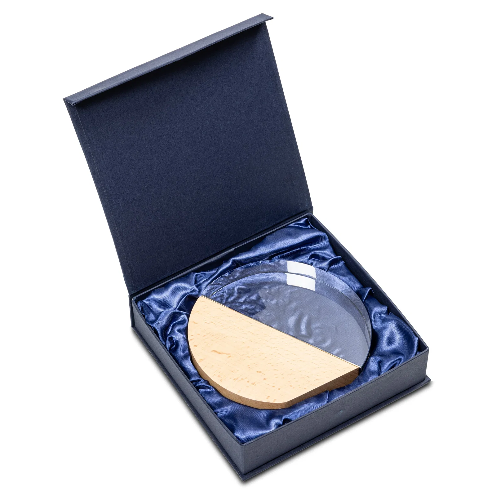 Custom Optical Crystal and Beechwood Circle Award with Diagonal Split for retirement presentations