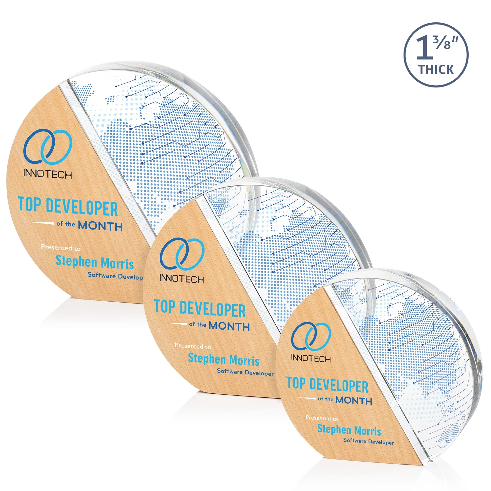 Custom Optical Crystal and Beechwood Circle Award with Diagonal Split for team milestone celebrations