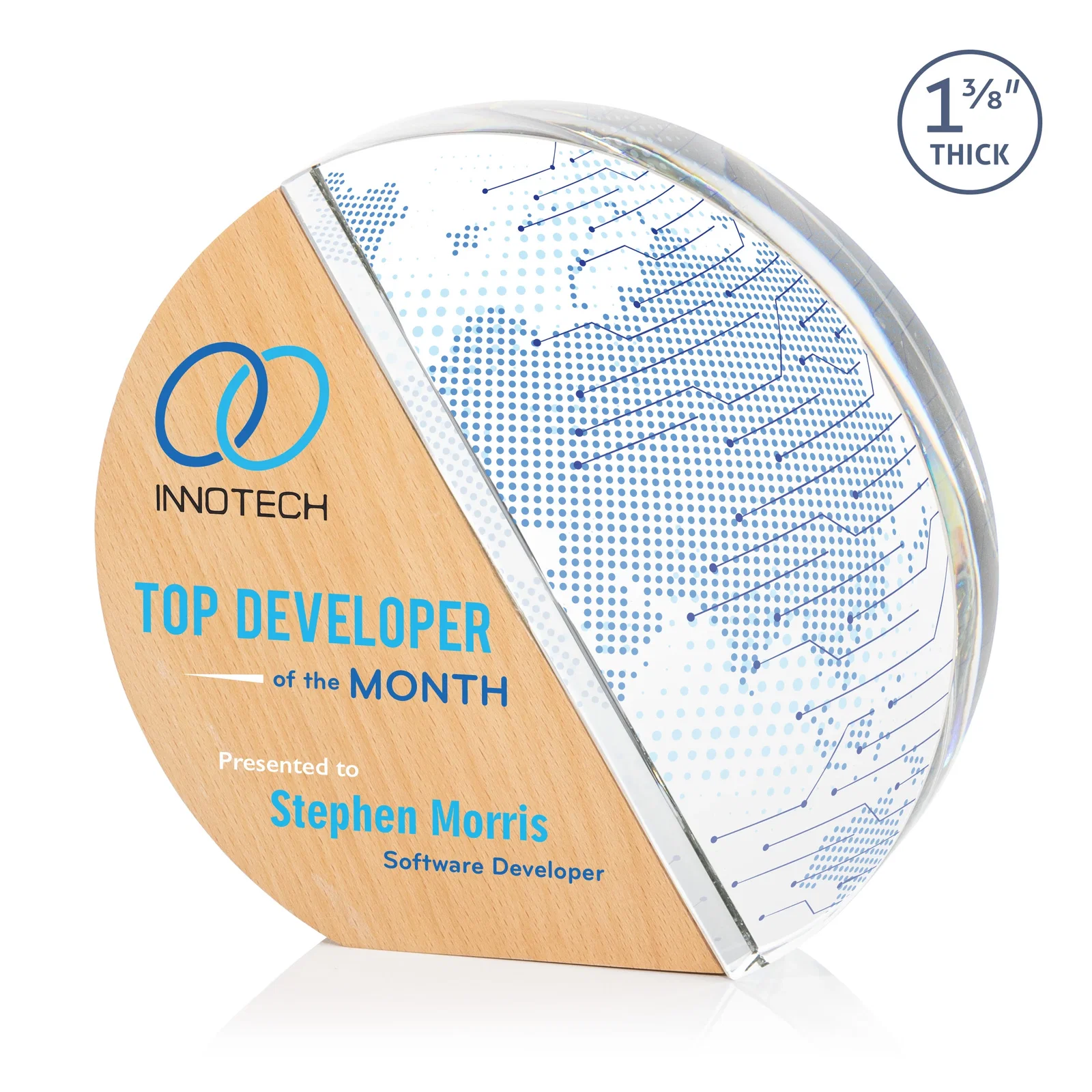 Custom Optical Crystal and Beechwood Circle Award with Diagonal Split for safety achievement programs