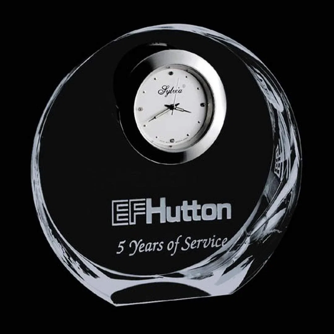Custom Optical Crystal Round Desk Clock for employee recognition