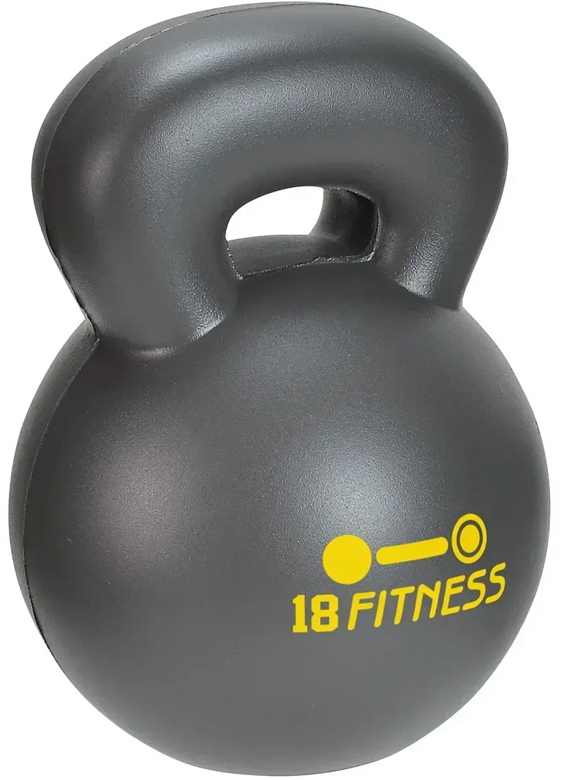 Kettlebell-shaped promotional stress ball for custom gym logo branding, front view