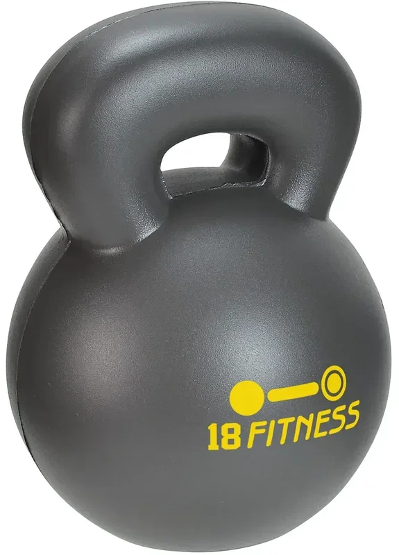 Kettlebell-shaped promotional stress ball for custom gym logo branding, front view