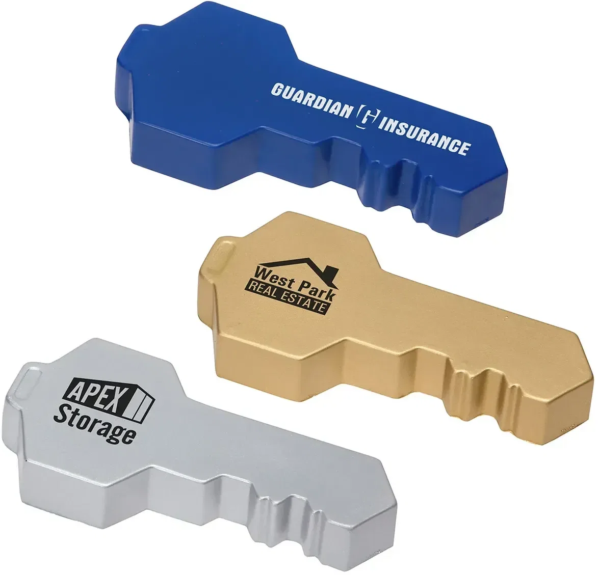 Custom Key Shaped Stress Reliever, branded key-form squeeze toy front view with long logo print space