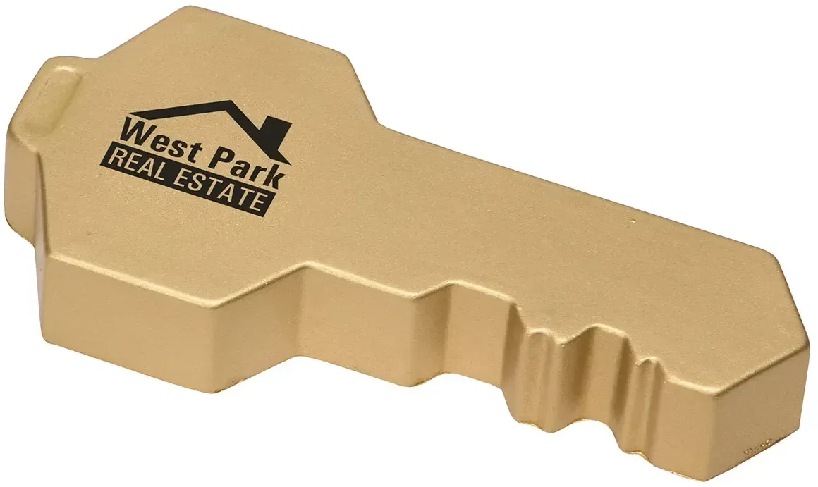 Branded Key Shaped Stress Reliever, custom key squeeze toy side profile showing logo imprint area