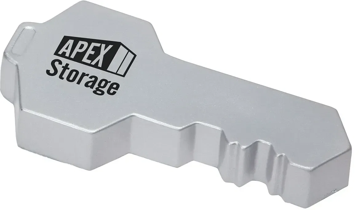 Custom Key Shaped Stress Reliever, branded key squeeze toy close-up of logo print detail