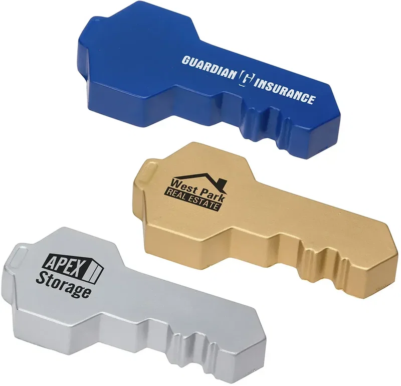 Custom Key Shaped Stress Reliever, branded key-form squeeze toy front view with long logo print space