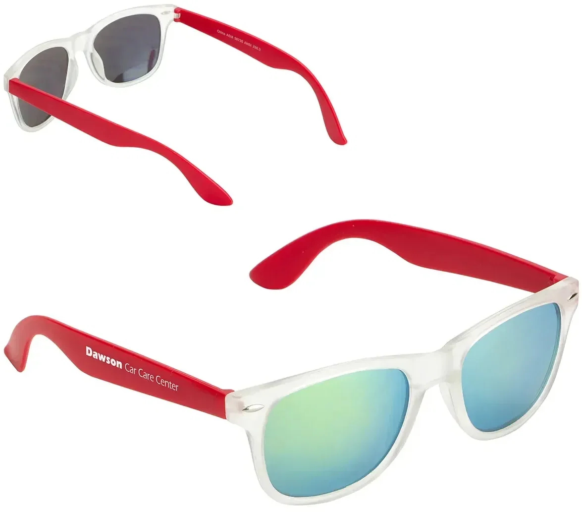 Promotional branded Key West mirrored sunglasses side profile, logo on temple