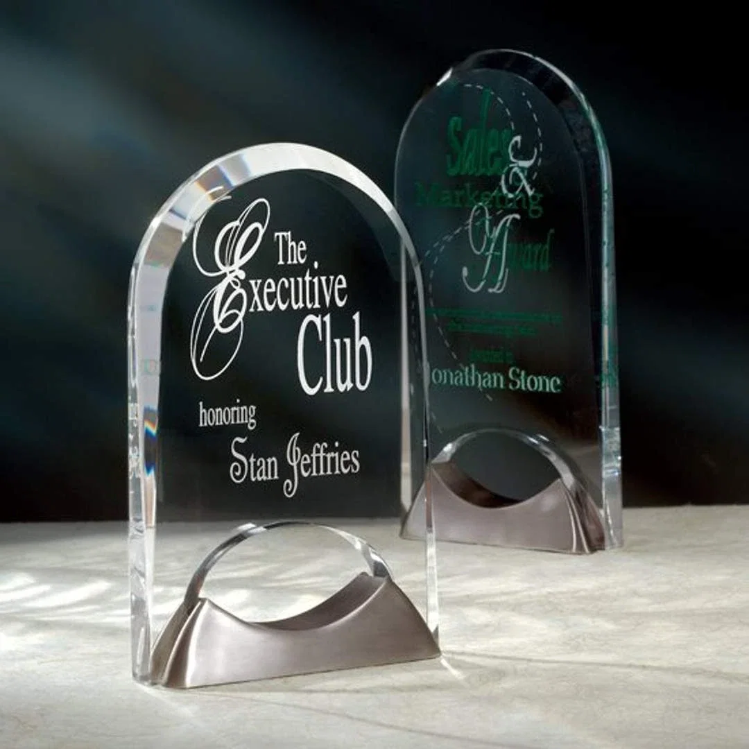 Custom Acrylic Award on Cast Metal Arch Base, Multiple Finishes for employee recognition