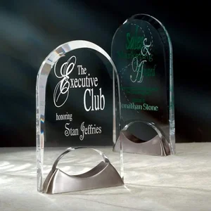 Acrylic Award on Cast Metal Arch Base, Multiple Finishes