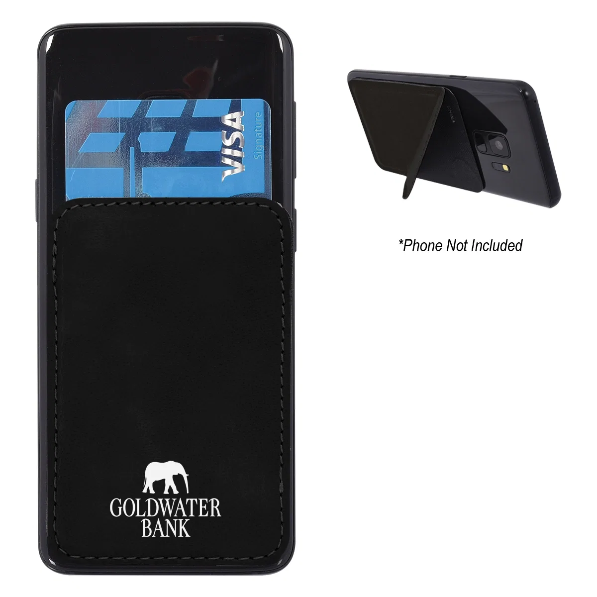 Black phone wallet with a built in kickstand