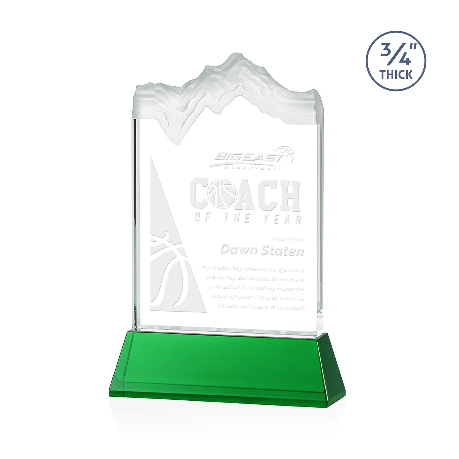 Custom Starfire Crystal Award with Deep Carved Frosted Peak, awards for volunteer appreciation