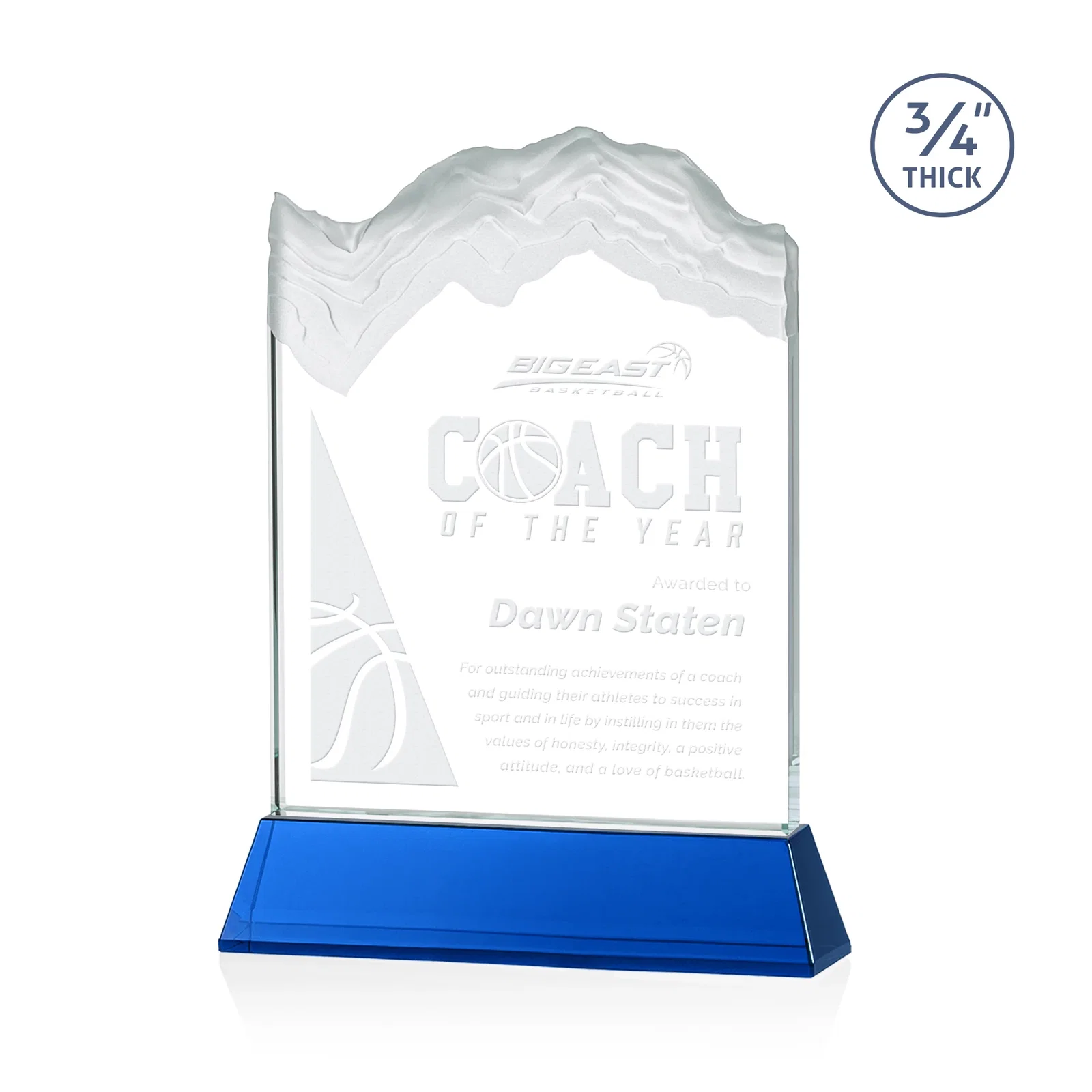 Personalized Starfire Crystal Award with Deep Carved Frosted Peak, awards for donor appreciation
