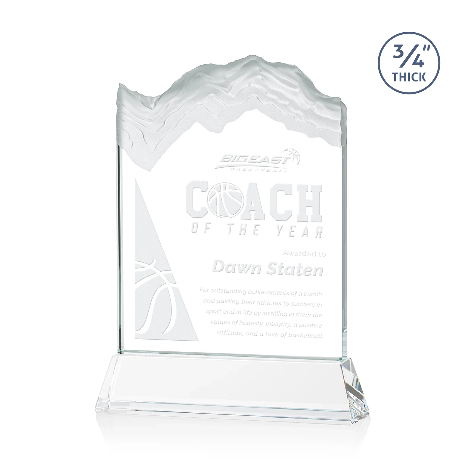 Custom Starfire Crystal Award with Deep Carved Frosted Peak, awards for service anniversary gifts