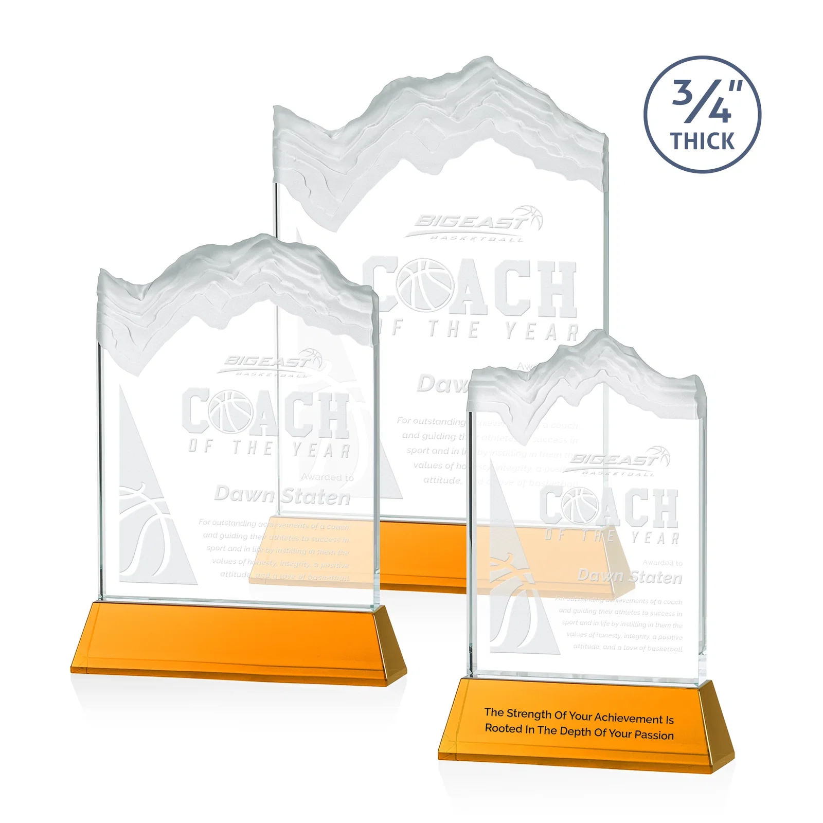 Custom Starfire Crystal Award with Deep Carved Frosted Peak, awards for retirement presentations