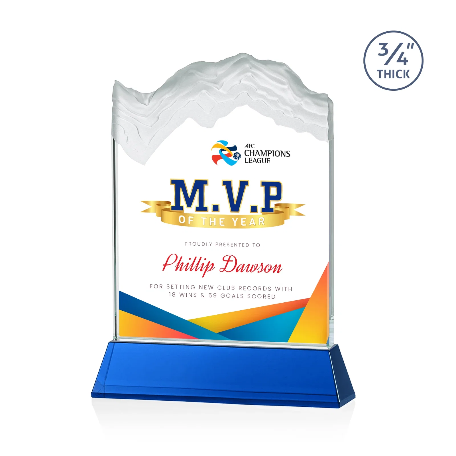 Custom printed Starfire Crystal Award with Deep Carved Frosted Peak, awards for sales achievement awards