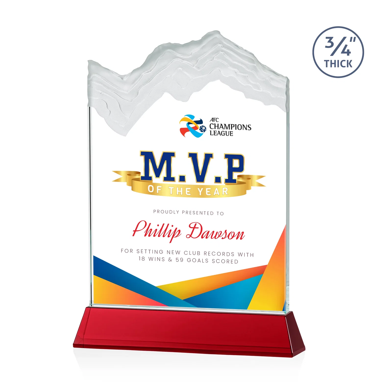 Custom printed Starfire Crystal Award with Deep Carved Frosted Peak, awards for team milestone celebrations