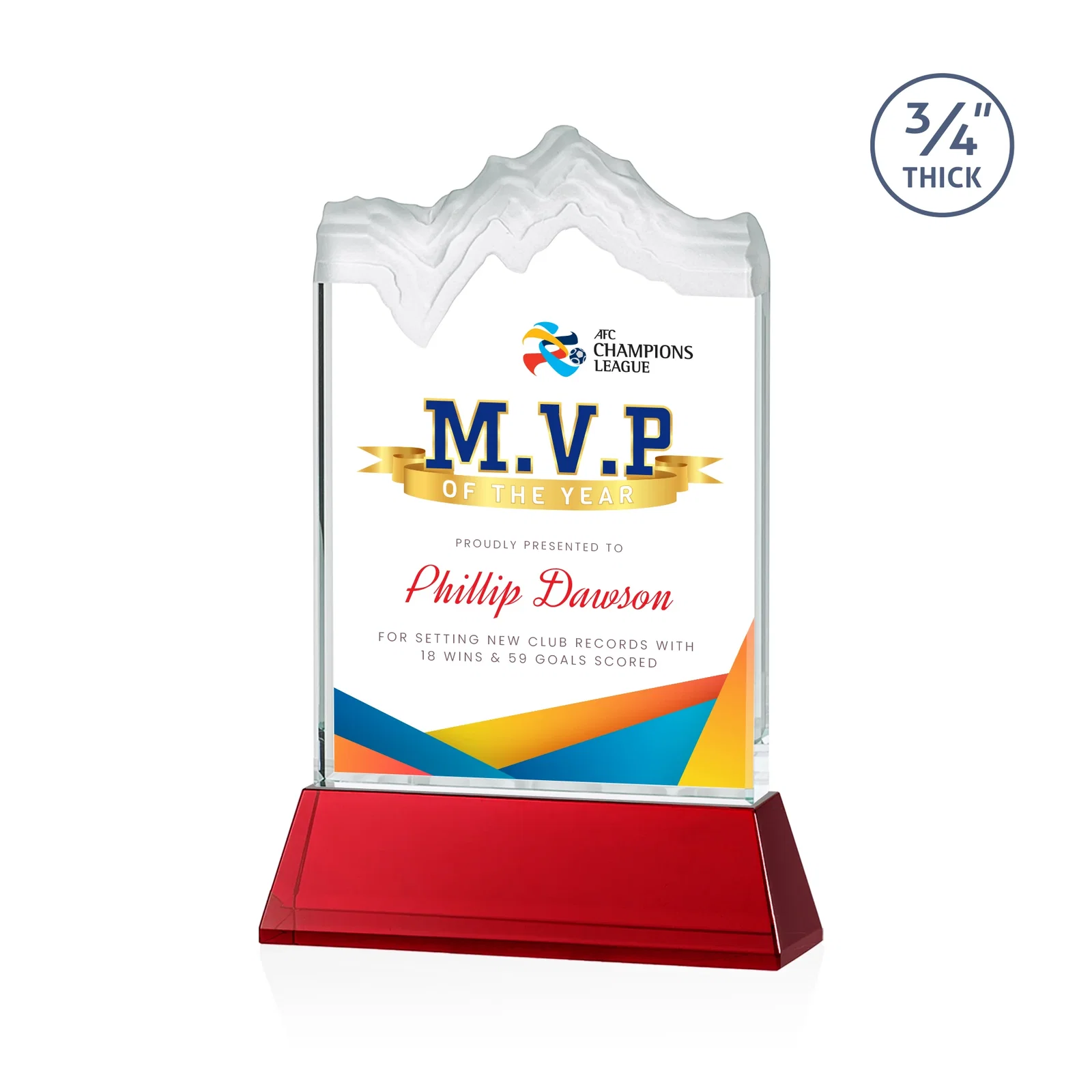 Custom printed Starfire Crystal Award with Deep Carved Frosted Peak, awards for donor appreciation
