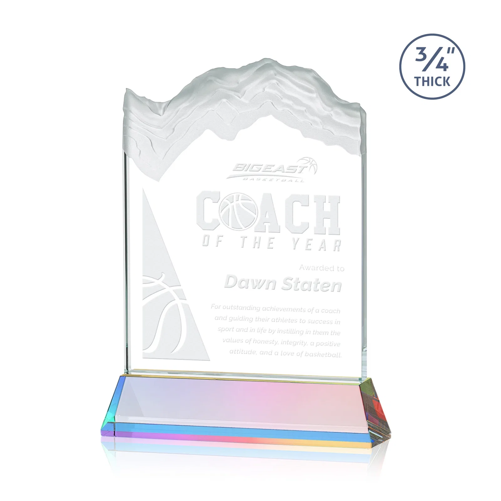 Customized Starfire Crystal Award with Deep Carved Frosted Peak, awards for donor appreciation