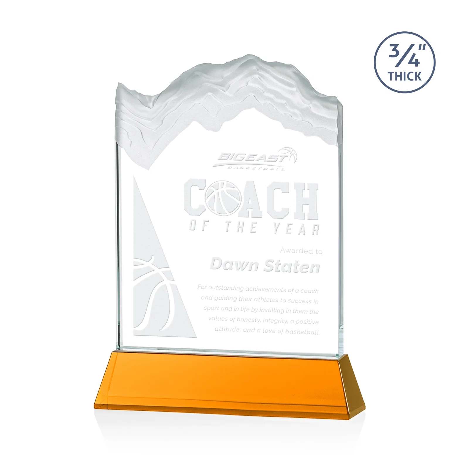 Custom Starfire Crystal Award with Deep Carved Frosted Peak, awards for donor appreciation
