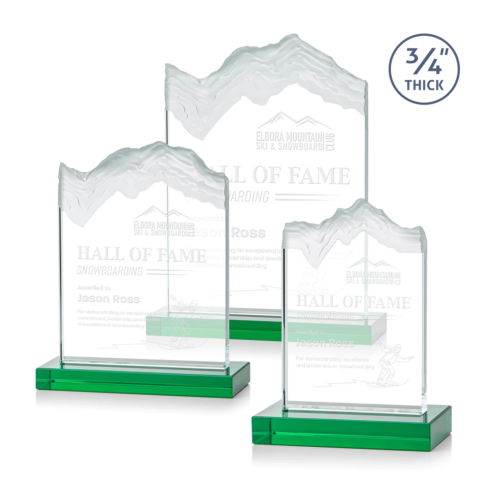 Personalized Jade Crystal Award With A 3/4-Inch Deep-Carved Frosted Peak for employee recognition