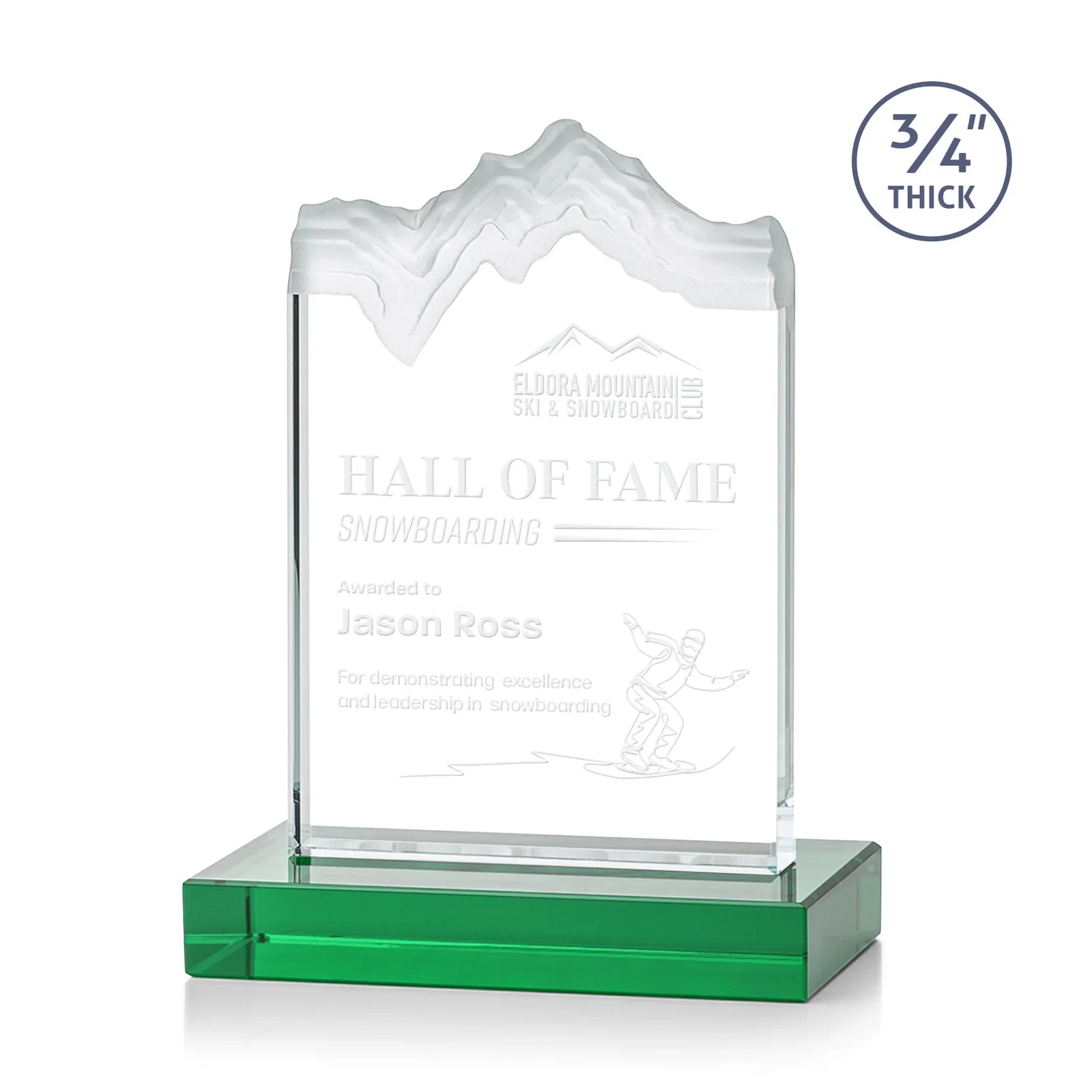 Personalized Jade Crystal Award With A 3/4-Inch Deep-Carved Frosted Peak for corporate award ceremonies
