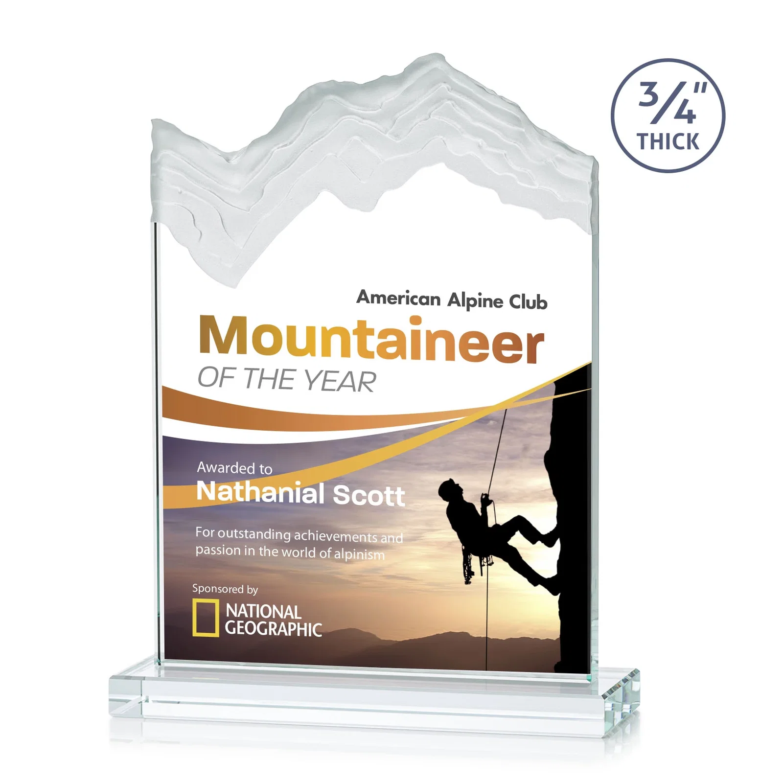 Branded Jade Crystal Award With A 3/4-Inch Deep-Carved Frosted Peak for sales achievement awards
