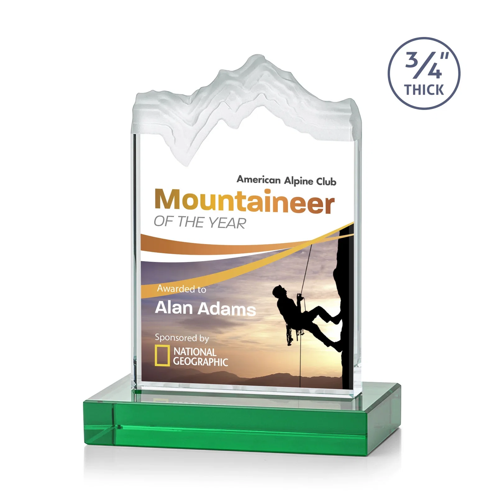 Branded Jade Crystal Award With A 3/4-Inch Deep-Carved Frosted Peak for volunteer appreciation