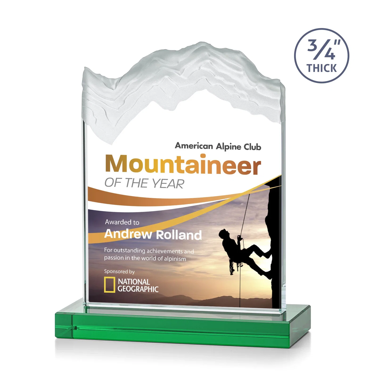 Branded Jade Crystal Award With A 3/4-Inch Deep-Carved Frosted Peak for dealer and partner awards