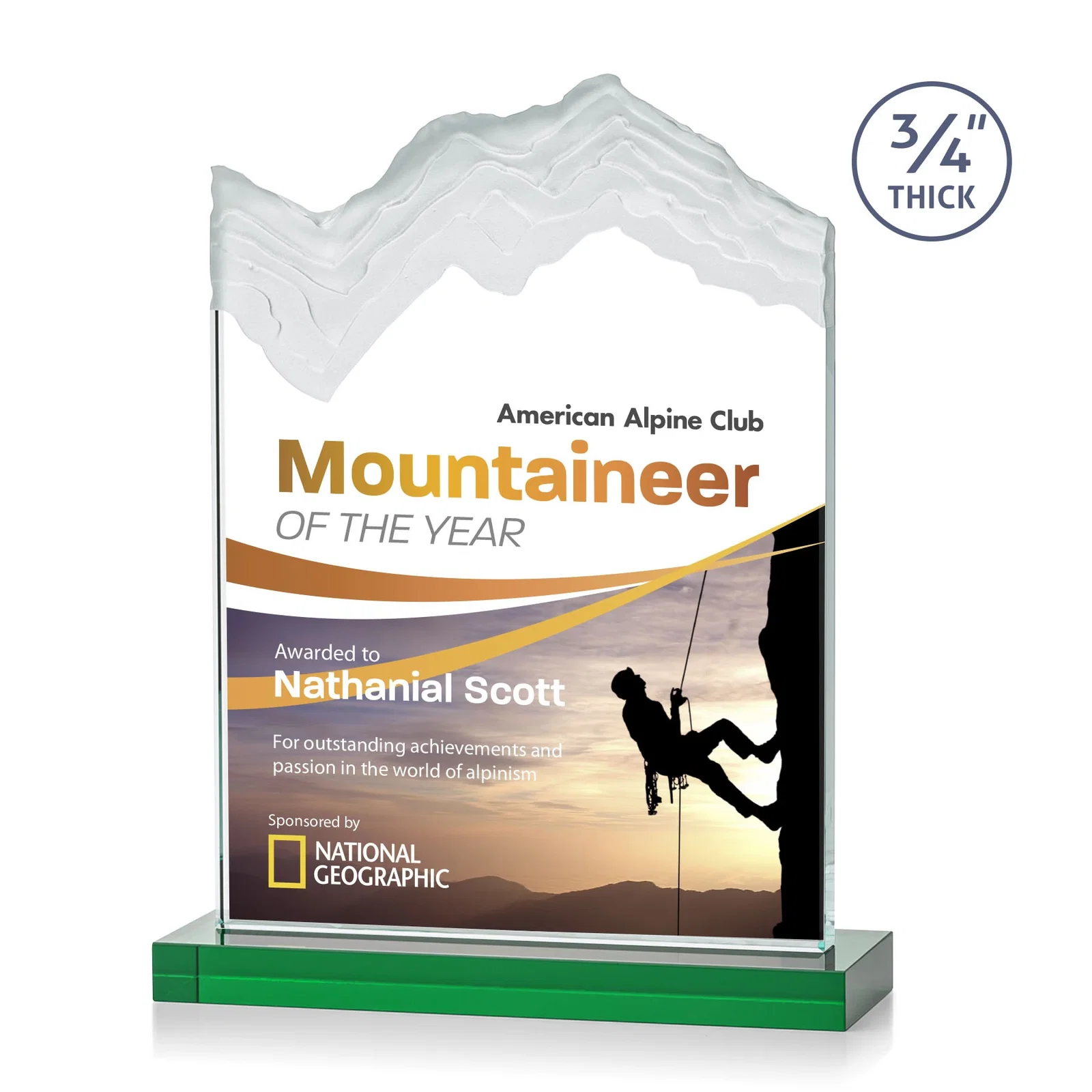 Branded Jade Crystal Award With A 3/4-Inch Deep-Carved Frosted Peak for company anniversary events